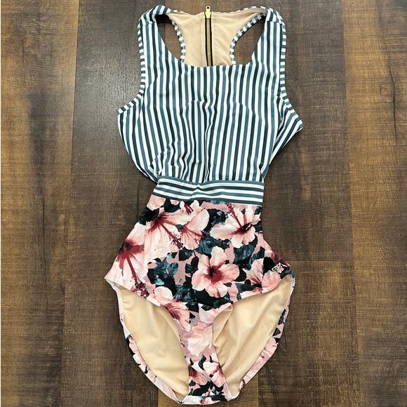 Albion Fit One Piece Swimsuit Striped Floral Cutout Size XL - Picture 1 of 6